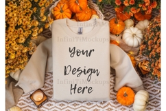 Gildan 18000 Sand Sweatshirt mockup flat lay Fall Pumpkins Product Image 1