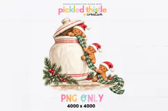 Digital Christmas PNG featuring a cozy gingerbread scene with a cream ceramic cookie jar, green plaid ribbon, evergreen sprigs and three festive gingerbread cookies.