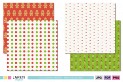 Cute Christmas digital papers with gingerbread cookies, elves, and festive polka dots.
