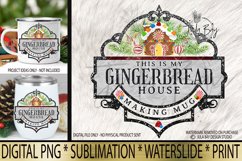 Gingerbread House Making Mug Sublimation Design Christmas PNG with Vintage Frame and Hand Painted Gingerbread House with Candy