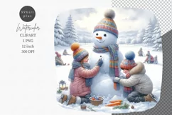 Kids with snowman clipart, Christmas clipart, Watercolor Product Image 1