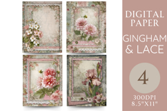 Gingham and Lace Floral Paper with Dahlias, Irises &amp; Lace Product Image 1