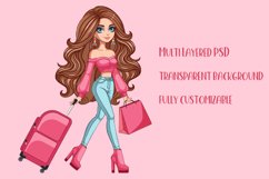 Brunette woman and pink suitcase Product Image 1