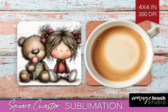 Girl and Bear Valentine Square Coaster Whimsical Animal PNG Product Image 1