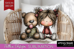 Girl and Bear Valentine Pillow Sublimation Whimsical Animal Product Image 1