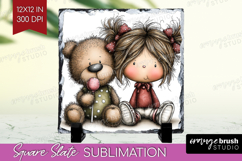 Girl and Bear Valentine Slate PNG Whimsical Animal Square Product Image 1