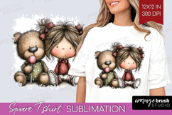 Girl and Bear Valentine Square Tshirt Background Whimsical Product Image 1