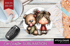Girl and Bear Valentine Car Coaster Whimsical Animal Coaster Product Image 1