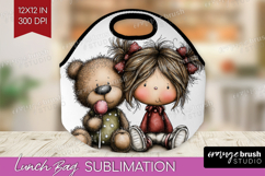Girl and Bear Valentine Lunch Bag Whimsical Animal Lunch Bug Product Image 1