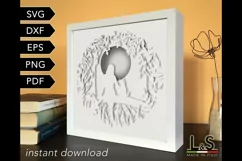 3D cat shadowbox svg template with layered girl with cat on a bridge looking at the moon