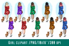 Girl with headphones walks with a corgi.Girl rear view Product Image 1