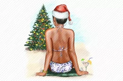 Chrismas Girl Leopard Print Beach Santa Hat Girl Clipart Product Image 2