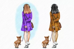 Girl with headphones walks with a corgi.Girl rear view Product Image 2