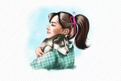 A girl holds a husky puppy in her arms.Love my dog Product Image 2