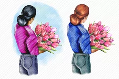 Girl Clipart Spring Flowers Girl with a bouquet of tulips Product Image 2