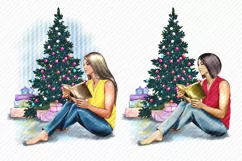 Christmas Girl Clipart Girl with a book Christmas Tree Product Image 2