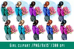 Girl Clipart Spring Flowers Girl with a bouquet of tulips Product Image 1