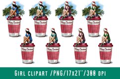 Girl Clipart Santa Hat Tropical Christmas Cup Of Coffee Product Image 1