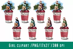 Girl Clipart Santa Hat Tropical Christmas Cup Of Coffee Product Image 1
