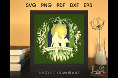 3D dog memorial shadow box svg template with layered girl with angel dog on a bridge looking at the moon