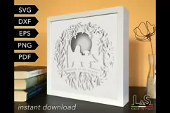 3D dog memorial shadowbox svg template with layered girl with angel dog on a bridge looking at the moon