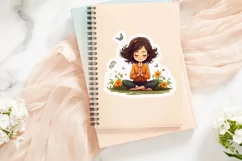 Girl Doing Yoga Meditation With Flower Stickers PNG Product Image 3