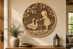 Girl Feeding Ducks Laser Cut, Little Girl Round Wall Art Product Image 1