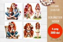 Square coaster Sublimation, GIRL and flowers Product Image 1