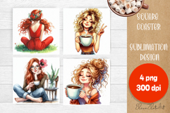 Square coaster Sublimation, GIRL and flowers Product Image 1