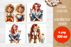 Square coaster Sublimation, GIRL and flowers Product Image 1