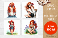 Square coaster Sublimation, GIRL and flowers Product Image 1