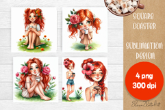 Square coaster Sublimation, GIRL and flowers Product Image 1