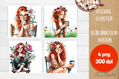 Square coaster Sublimation, GIRL and flowers Product Image 1