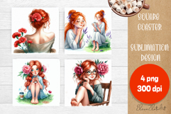 Square coaster Sublimation, GIRL and flowers Product Image 1