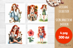 Square coaster Sublimation, GIRL and flowers Product Image 1