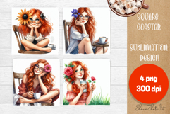 Square coaster Sublimation, GIRL and flowers Product Image 1