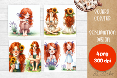 Square coaster Sublimation, GIRL and flowers Product Image 1