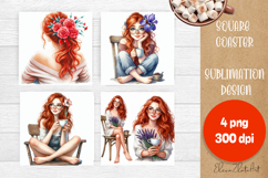 Square coaster Sublimation, GIRL and flowers Product Image 1