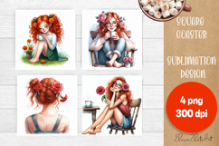 Square coaster Sublimation, GIRL and flowers Product Image 1