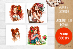 Square coaster Sublimation, GIRL and flowers Product Image 1