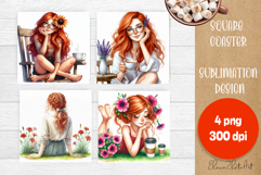 Square coaster Sublimation, GIRL and flowers Product Image 1