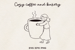 Girl Hugging Coffee Cup SVG PNG EPS Cute Cozy Line Art. Product Image 1