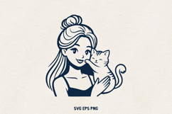 Girl and Kitten Line Art | Pet Lover Clipart | Cat Mom SVG Product Image 1
