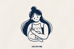 Girl and Kitten Line Art | Pet Lover Clipart | Cat Mom SVG Product Image 1