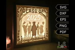 3D kids graduation lightbox svg template with layered little girl graduate celebrating with friends