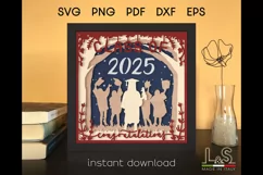 3D kids graduation shadow box svg template with layered little girl graduate celebrating with friends