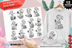 Girl Sitting on Stack Books Illustrations Product Image 1