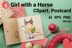 Girl with a Horse. Clipart. Postcard Product Image 1