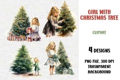 Watercolor Girl with Christmas Tree, Clipart, PNG Product Image 1