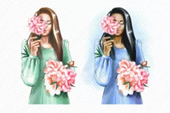 Girl Clipart Bouquet of Peonies African American European Product Image 2